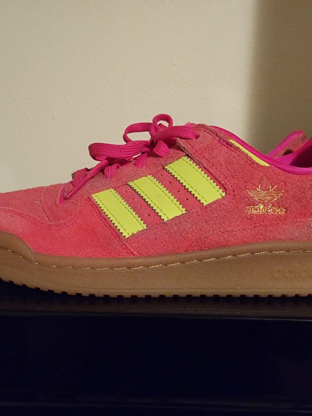 adidas Women's Bright Pink Suede Sneakers with Neon Yellow/Green Stripes